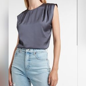 Express - Satin Pleated Shoulder Cap Sleeve Top